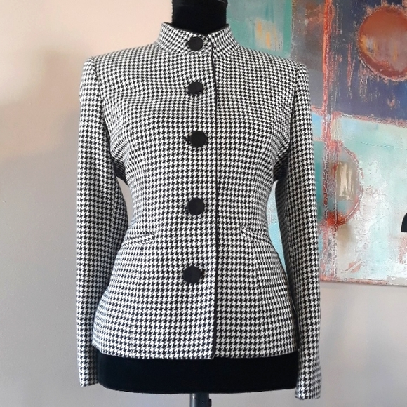 Vintage Petite Sophisticate Button Front Houndstooth Blazer Black/ White Size 8P - Picture 3 of 11